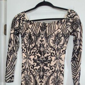 mermaid tan dress with black sequins perfect for prom or evening